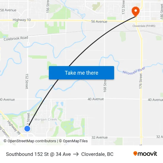 Southbound 152 St @ 34 Ave to Cloverdale, BC map
