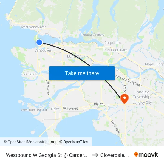 Westbound W Georgia St @ Cardero St to Cloverdale, BC map