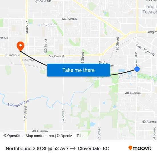 Northbound 200 St @ 53 Ave to Cloverdale, BC map