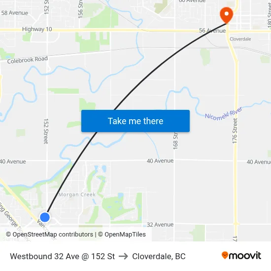 Westbound 32 Ave @ 152 St to Cloverdale, BC map