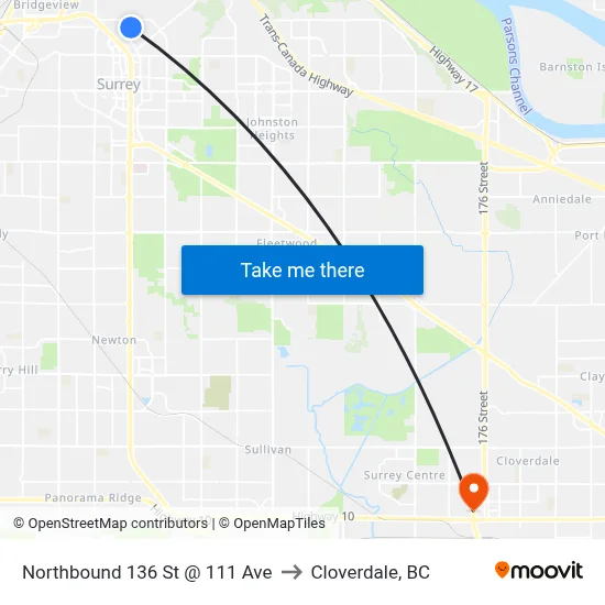 Northbound 136 St @ 111 Ave to Cloverdale, BC map