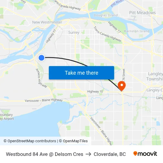 Westbound 84 Ave @ Delsom Cres to Cloverdale, BC map