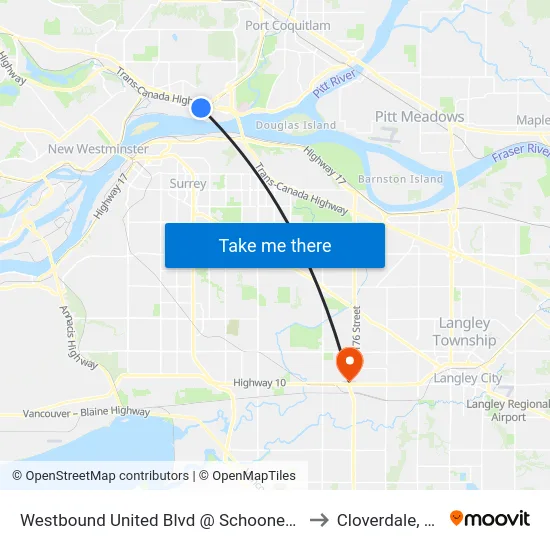 Westbound United Blvd @ Schooner St to Cloverdale, BC map