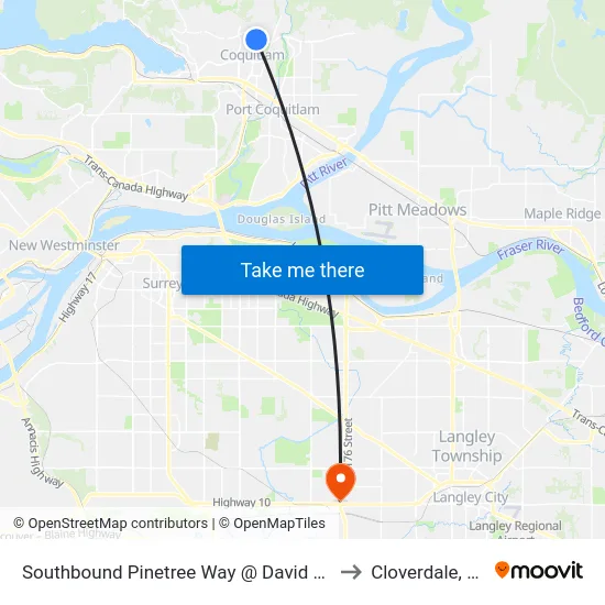 Southbound Pinetree Way @ David Ave to Cloverdale, BC map