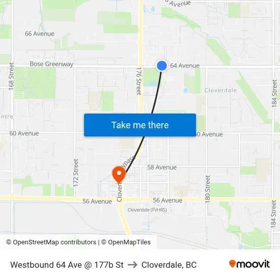 Westbound 64 Ave @ 177b St to Cloverdale, BC map