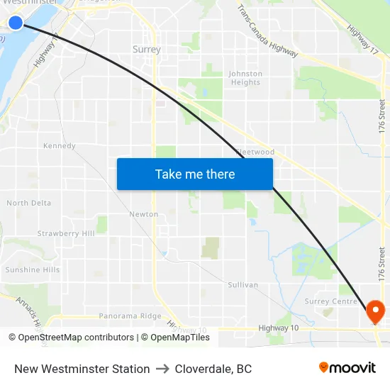 New Westminster Station to Cloverdale, BC map