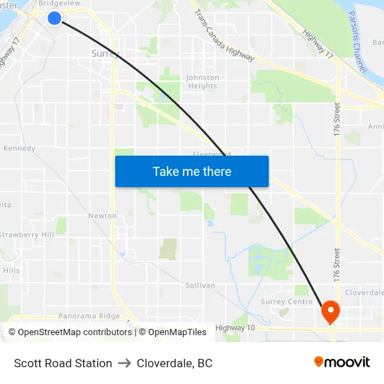 Scott Road Station to Cloverdale, BC map