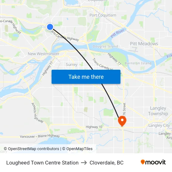 Lougheed Town Centre Station to Cloverdale, BC map