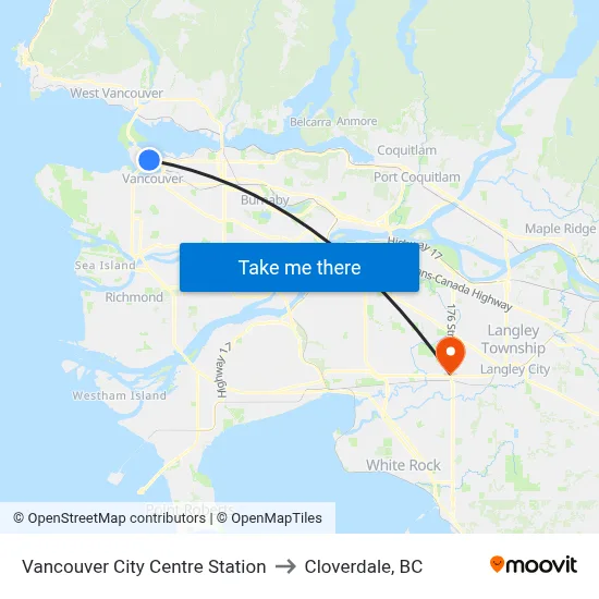 Vancouver City Centre Station to Cloverdale, BC map
