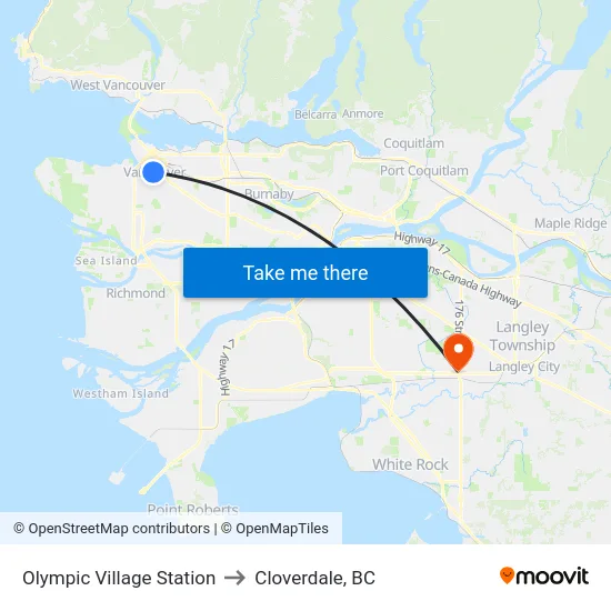 Olympic Village Station to Cloverdale, BC map