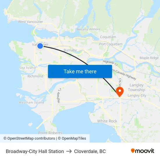 Broadway-City Hall Station to Cloverdale, BC map