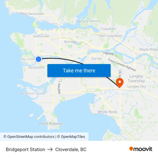Bridgeport Station to Cloverdale, BC map