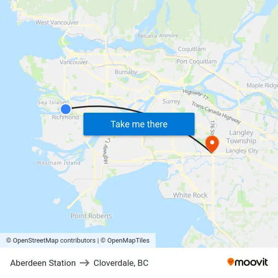 Aberdeen Station to Cloverdale, BC map
