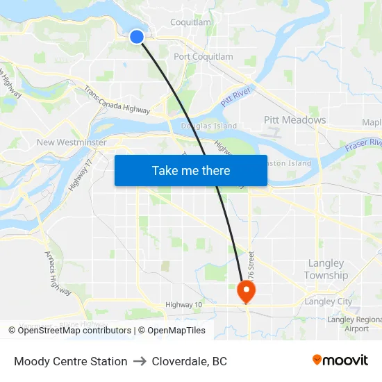 Moody Centre Station to Cloverdale, BC map