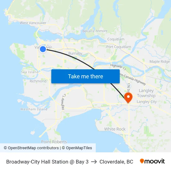Broadway-City Hall Station @ Bay 3 to Cloverdale, BC map