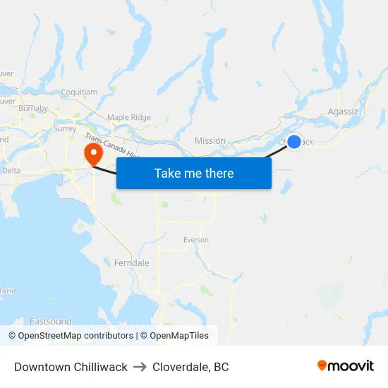 Downtown Chilliwack to Cloverdale, BC map