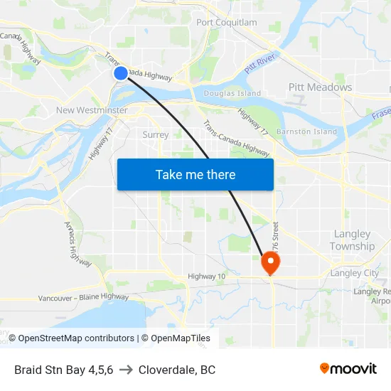 Braid Stn Bay 4,5,6 to Cloverdale, BC map