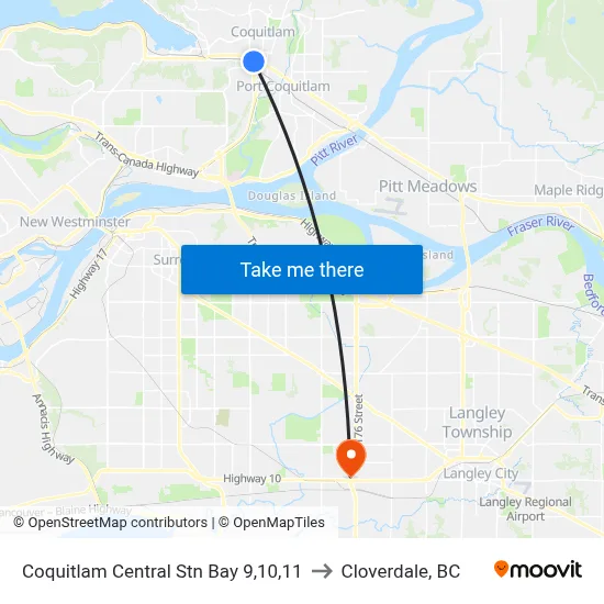 Coquitlam Central Stn Bay 9,10,11 to Cloverdale, BC map