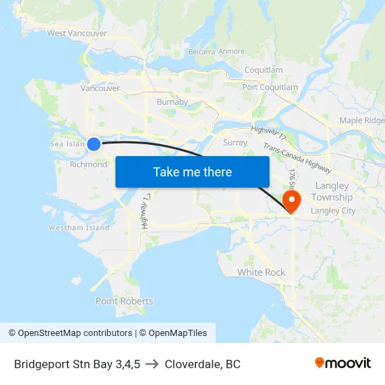 Bridgeport Stn Bay 3,4,5 to Cloverdale, BC map
