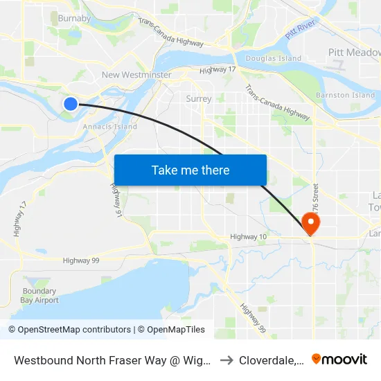 Westbound North Fraser Way @ Wiggins St to Cloverdale, BC map