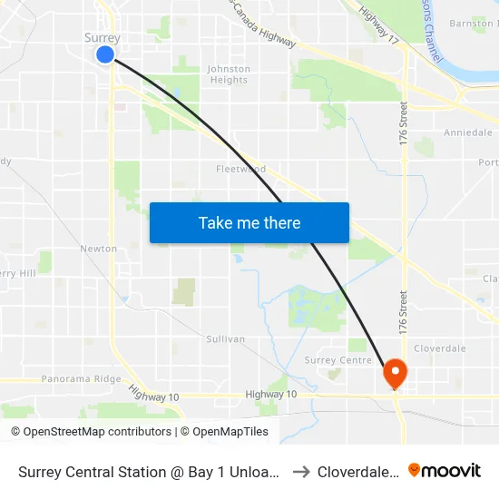 Surrey Central Station @ Bay 1 Unloading Only to Cloverdale, BC map