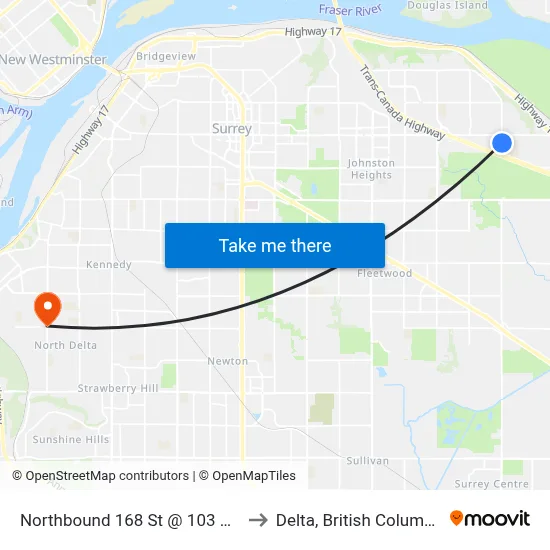 Northbound 168 St @ 103 Ave to Delta, British Columbia map