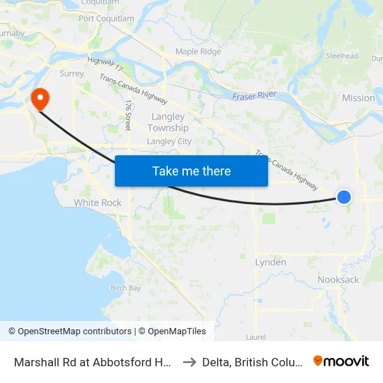 Marshall Rd at Abbotsford Hospital to Delta, British Columbia map