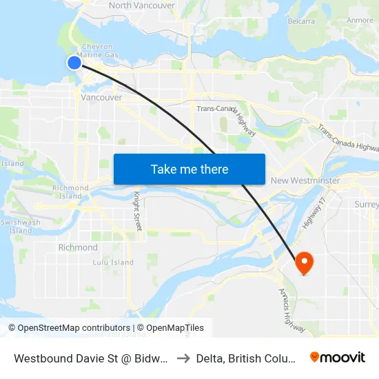 Westbound Davie St @ Bidwell St to Delta, British Columbia map