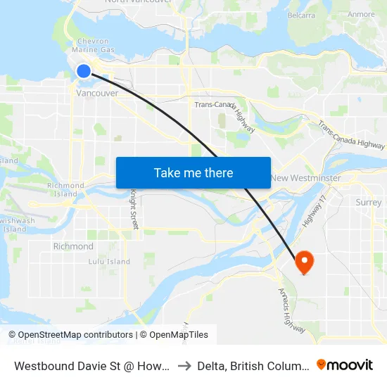 Westbound Davie St @ Howe St to Delta, British Columbia map
