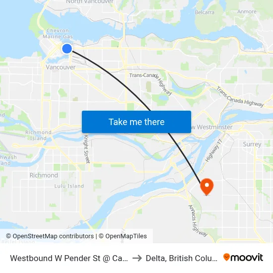 Westbound W Pender St @ Carrall St to Delta, British Columbia map