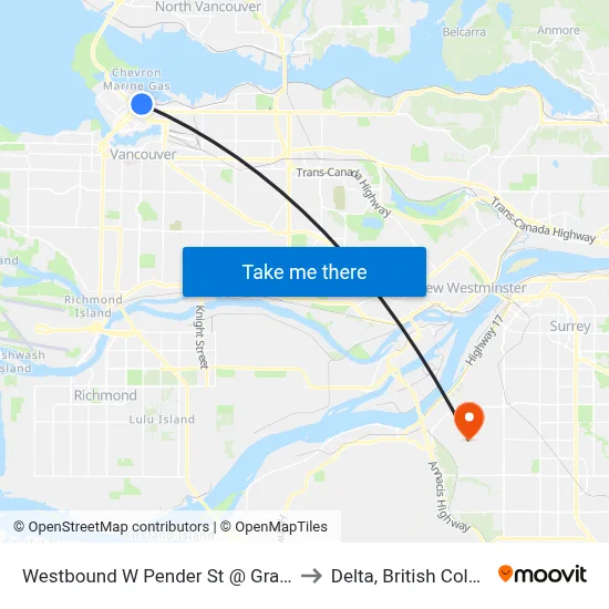 Westbound W Pender St @ Granville St to Delta, British Columbia map