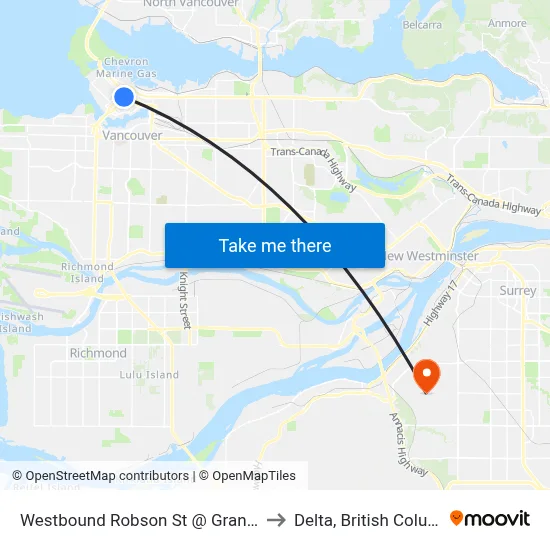 Westbound Robson St @ Granville St to Delta, British Columbia map