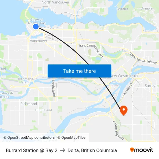 Burrard Station @ Bay 2 to Delta, British Columbia map