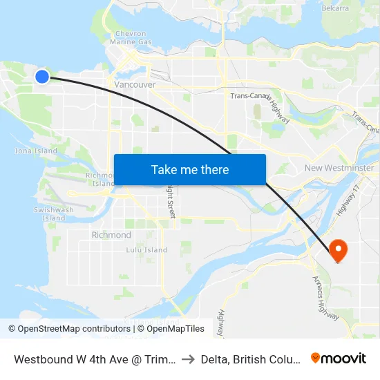 Westbound W 4th Ave @ Trimble St to Delta, British Columbia map