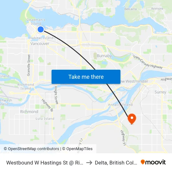 Westbound W Hastings St @ Richards St to Delta, British Columbia map
