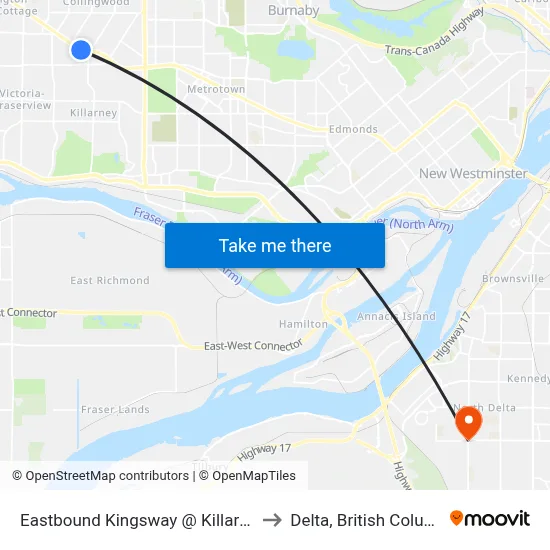 Eastbound Kingsway @ Killarney St to Delta, British Columbia map