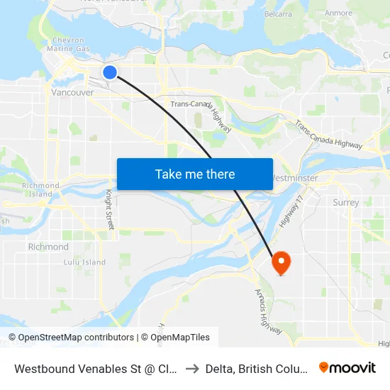 Westbound Venables St @ Clark Dr to Delta, British Columbia map