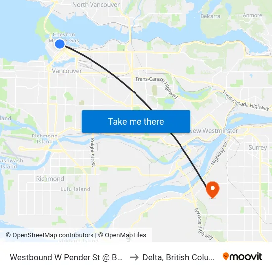 Westbound W Pender St @ Bute St to Delta, British Columbia map