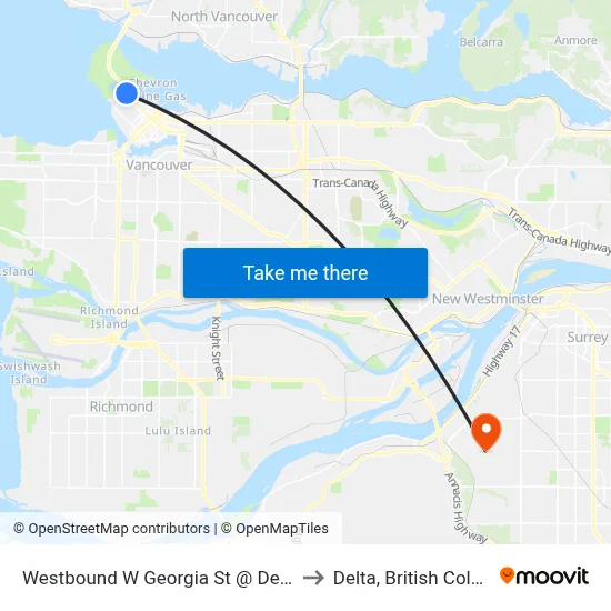 Westbound W Georgia St @ Denman St to Delta, British Columbia map