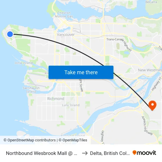 Northbound Wesbrook Mall @ 2100 Block to Delta, British Columbia map