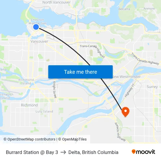 Burrard Station @ Bay 3 to Delta, British Columbia map