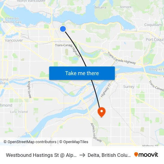 Westbound Hastings St @ Alpha Ave to Delta, British Columbia map