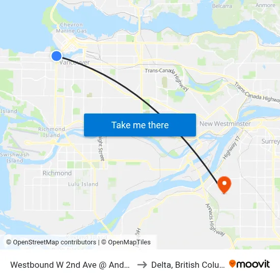 Westbound W 2nd Ave @ Anderson St to Delta, British Columbia map