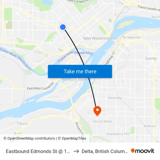 Eastbound Edmonds St @ 16 St to Delta, British Columbia map