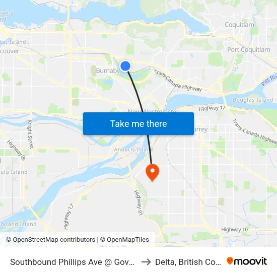 Southbound Phillips Ave @ Government Rd to Delta, British Columbia map
