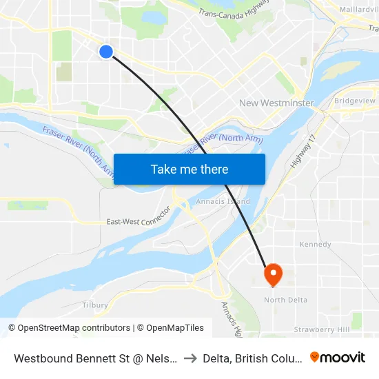 Westbound Bennett St @ Nelson Ave to Delta, British Columbia map