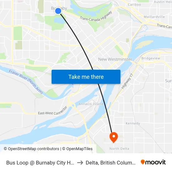 Bus Loop @ Burnaby City Hall to Delta, British Columbia map