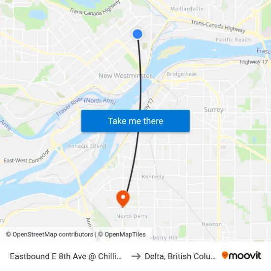 Eastbound E 8th Ave @ Chilliwack St to Delta, British Columbia map