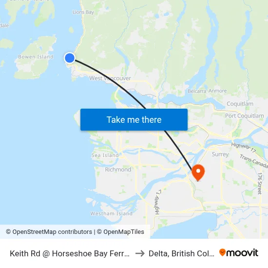 Keith Rd @ Horseshoe Bay Ferry Terminal to Delta, British Columbia map