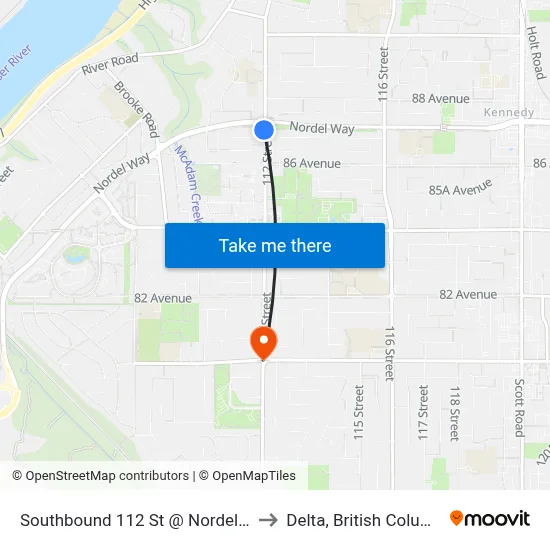 Southbound 112 St @ Nordel Way to Delta, British Columbia map